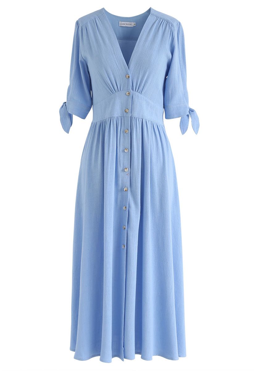 Summer Edition Button Down V-Neck Dress in Blue