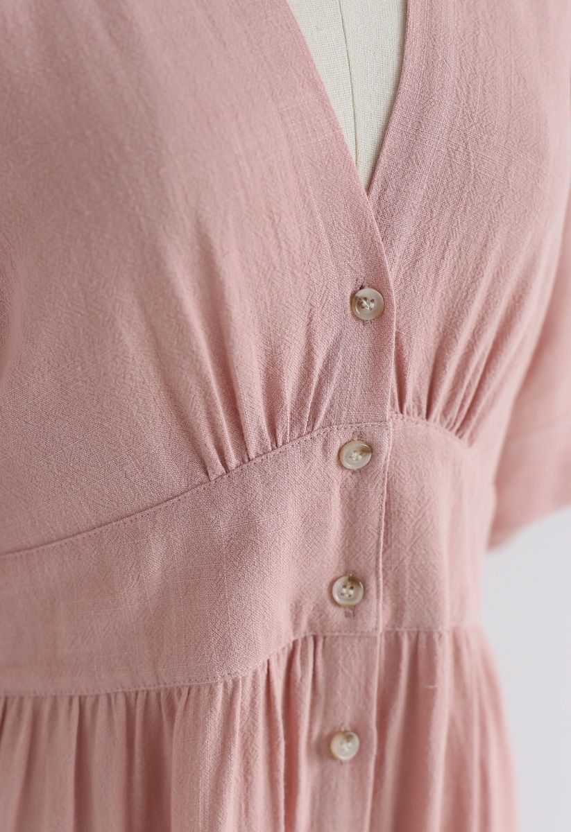Summer Edition Button Down V-Neck Dress in Peach