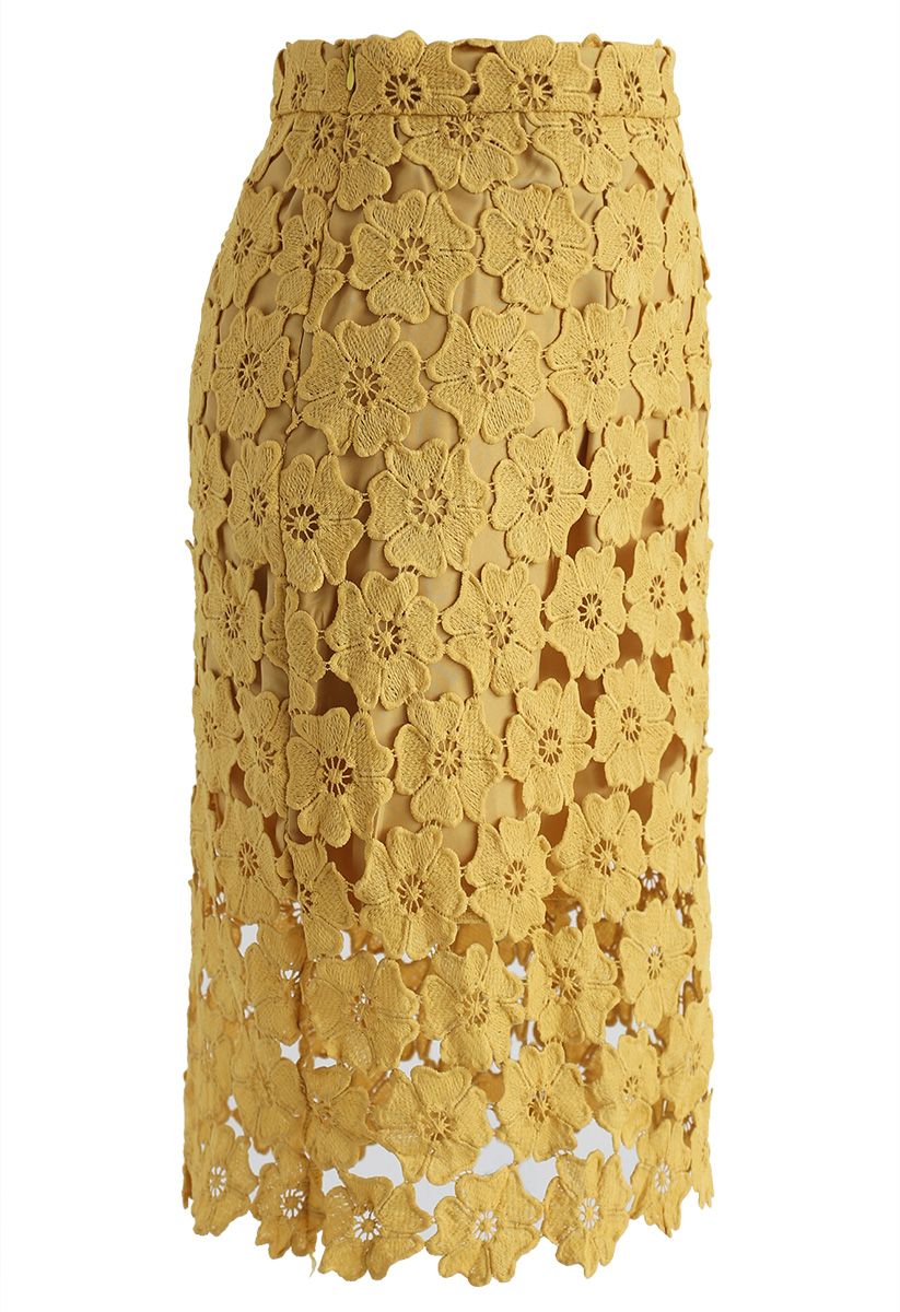 Delicate Full Floral Crochet Pencil Skirt in Yellow - Retro, Indie and ...