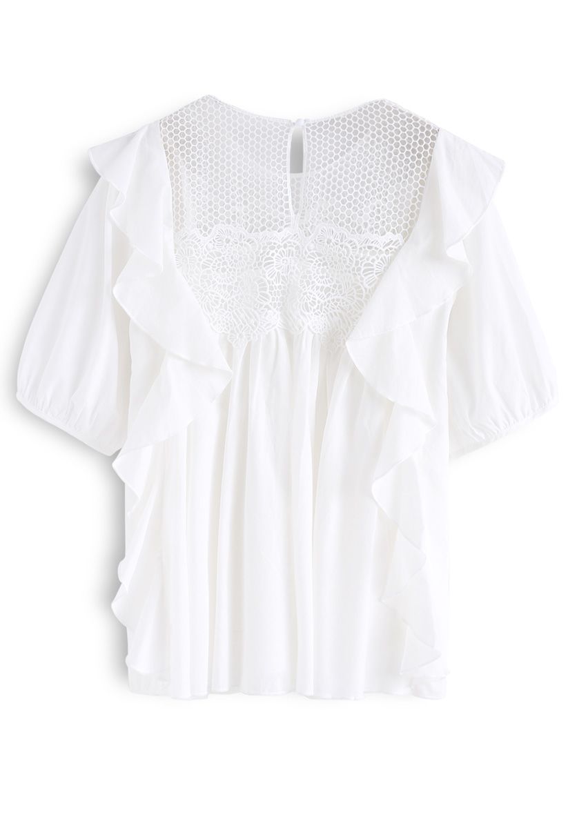 Dancing Ruffle Crochet Hollow-Out Top in White - Retro, Indie and ...