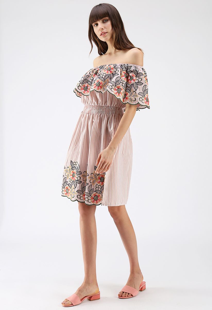 Blossom Around Embroidered Off-Shoulder Stripe Dress in Pink