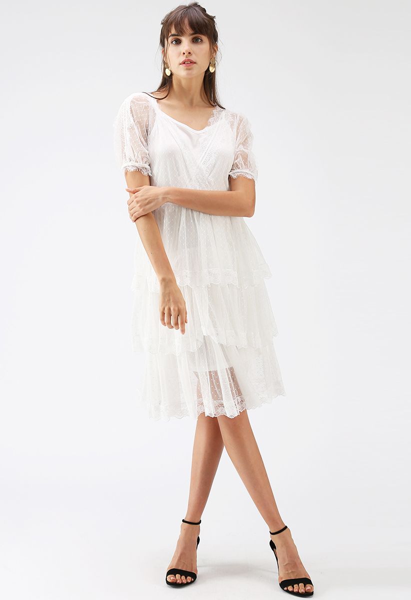 Someone Charming Tiered Lace Dots Mesh Dress in White