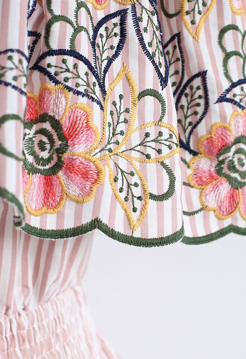 Blossom Around Embroidered Off-Shoulder Stripe Dress in Pink