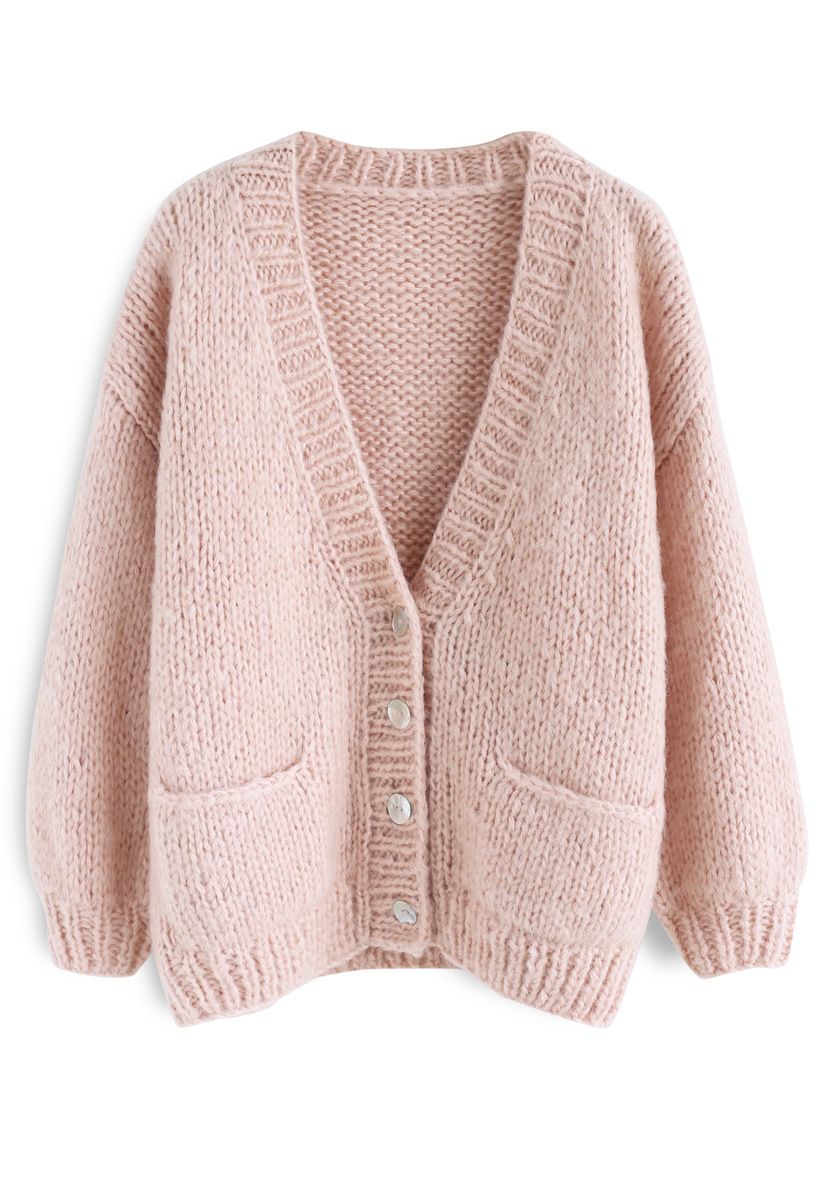 Pause for the Cozy Chunky Hand Knit Cardigan in Pink