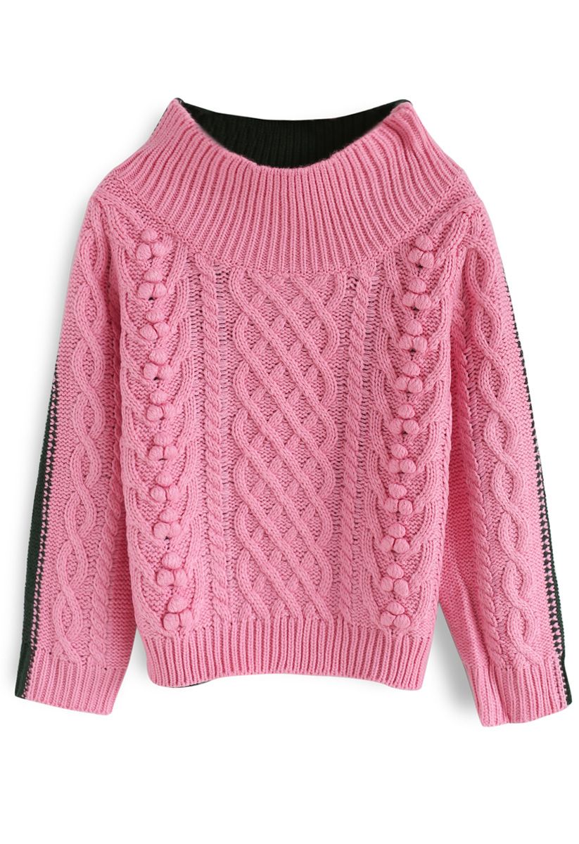 Keep me Warm Two-Tone Cable Knit Sweater in Pink