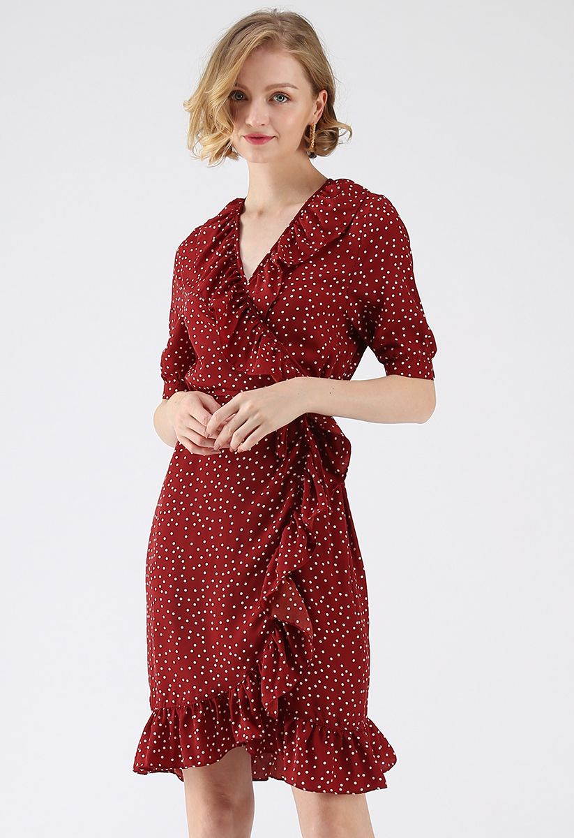 One Night in Paris Dots Wrap Dress in Red