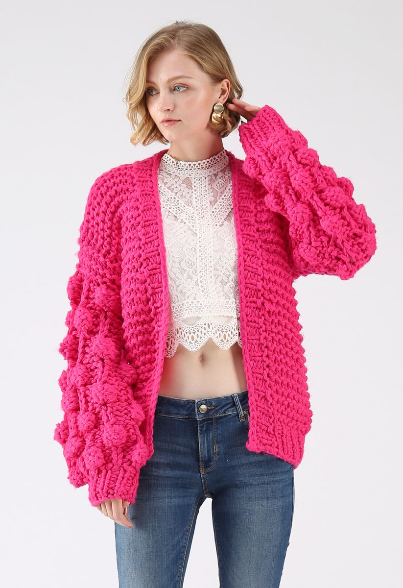Cuteness on Sleeves Chunky Cardigan in Hot Pink