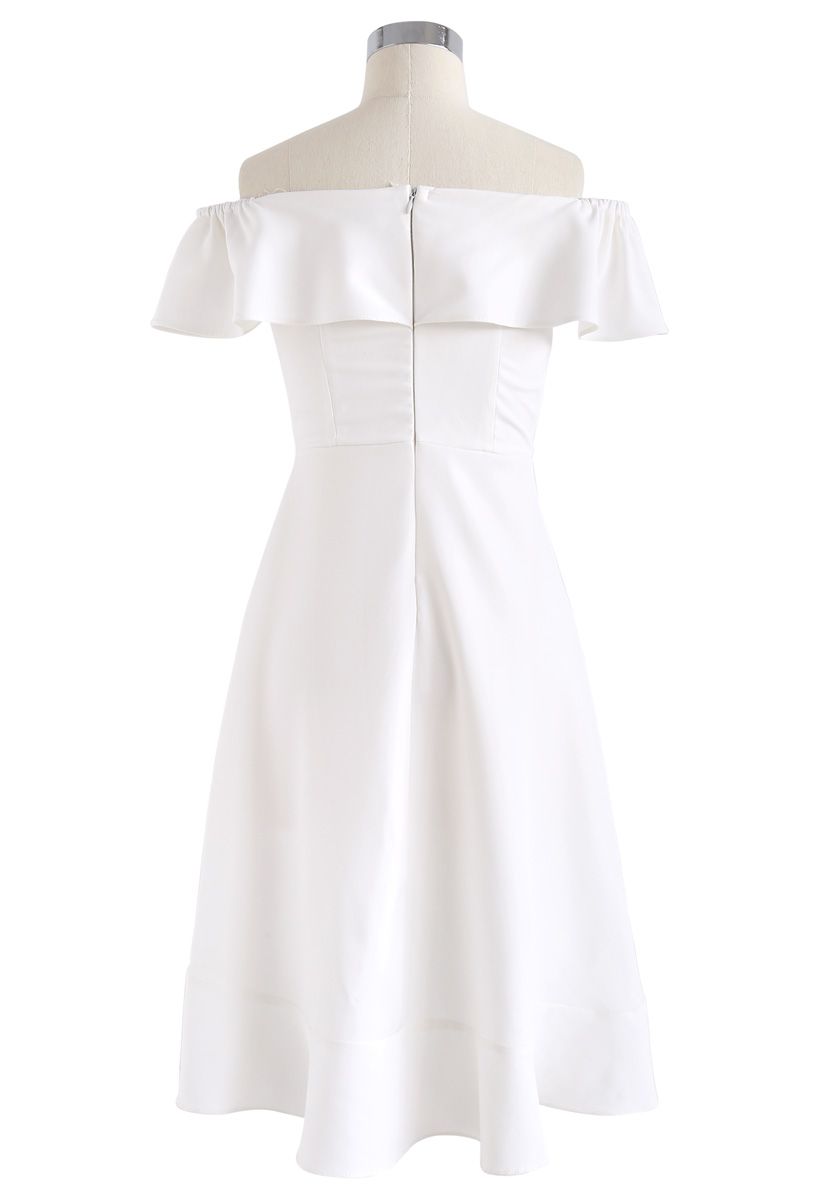 On-Going Love Asymmetric Ruffle Off-Shoulder Dress in White