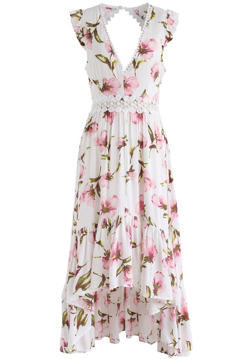 Peach Blossom Asymmetric V-Neck Frilling Dress