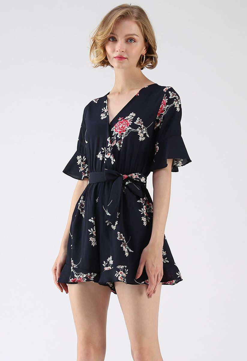 Dwell in Floral Dream Wrapped Playsuit in Navy - Retro, Indie and ...