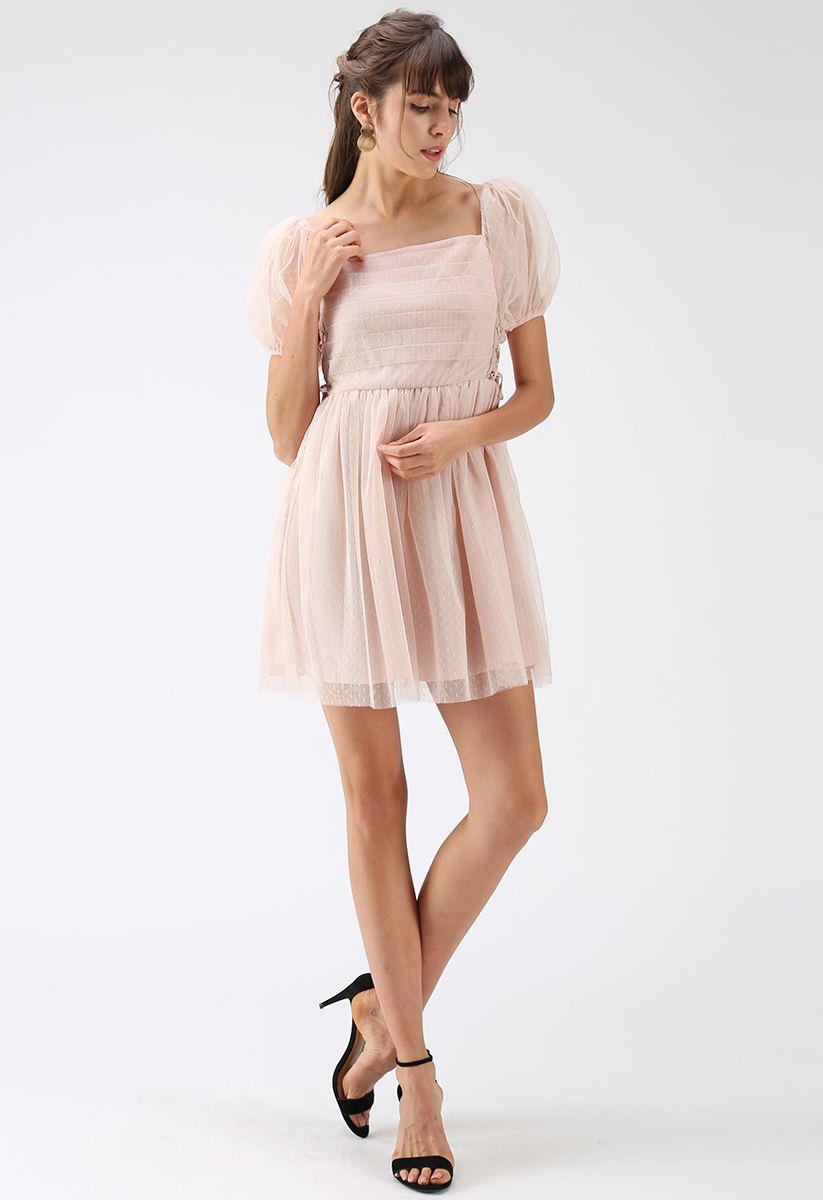 Enliven Your Wardrobe Lace-Up Dots Mesh Dress in Pink