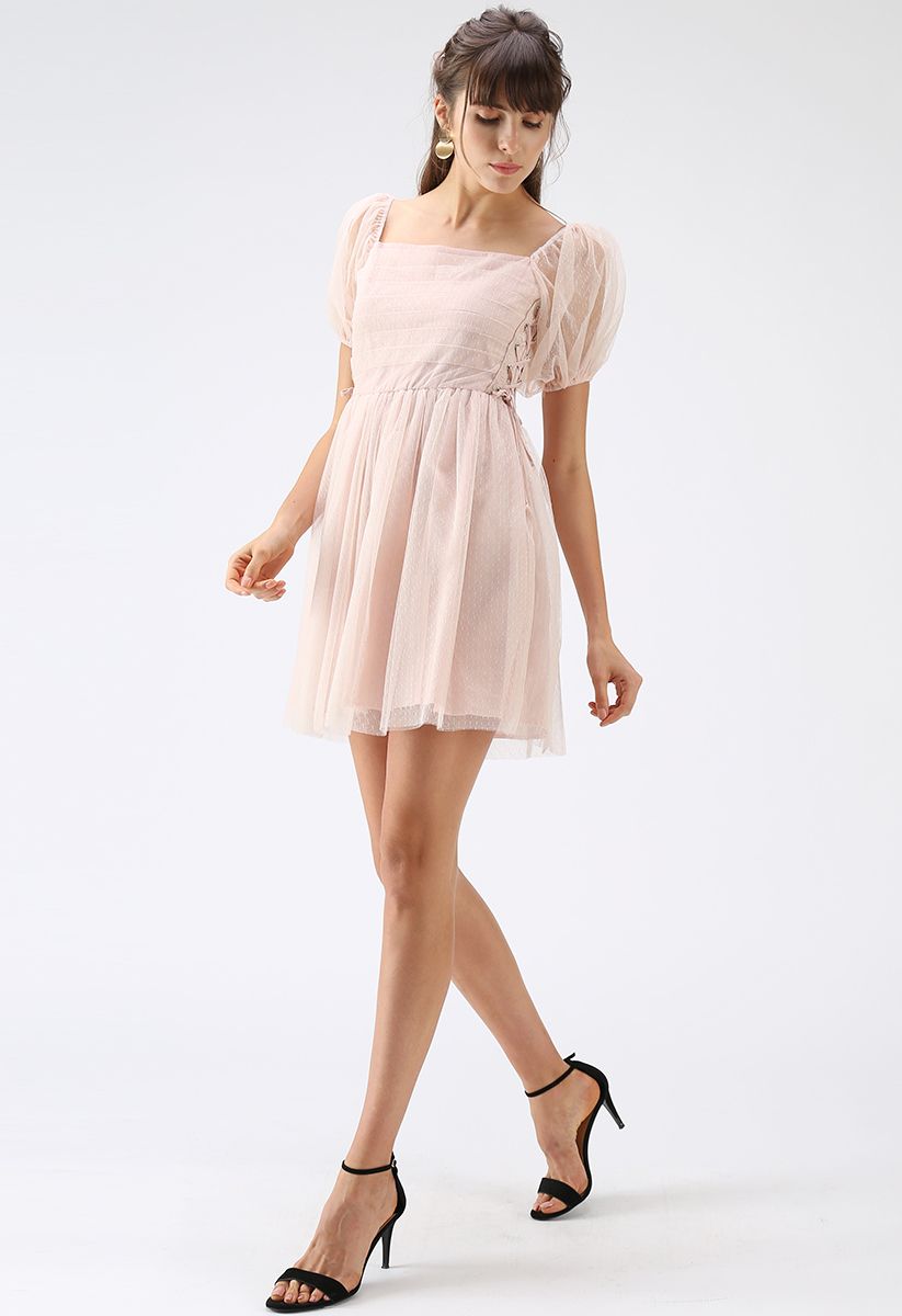 Enliven Your Wardrobe Lace-Up Dots Mesh Dress in Pink