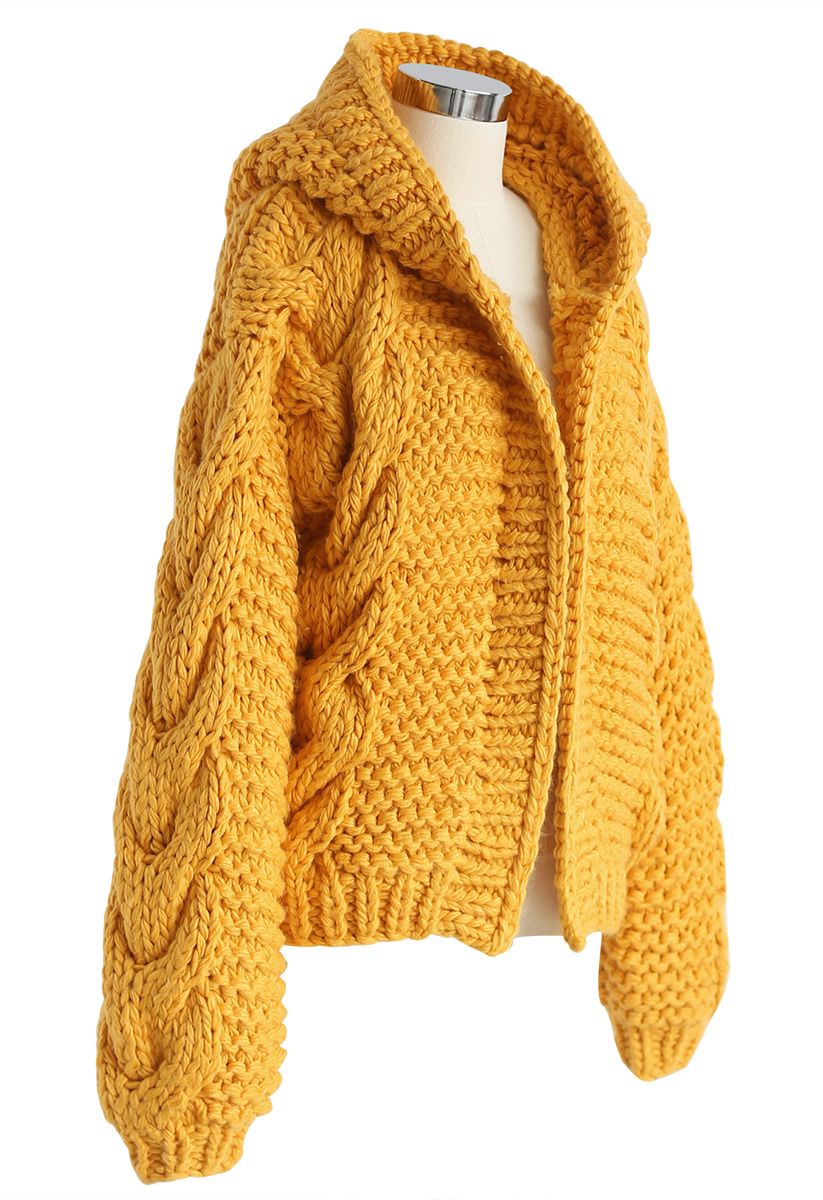 All-Over Warmth Hooded Chunky Cardigan in Mustard