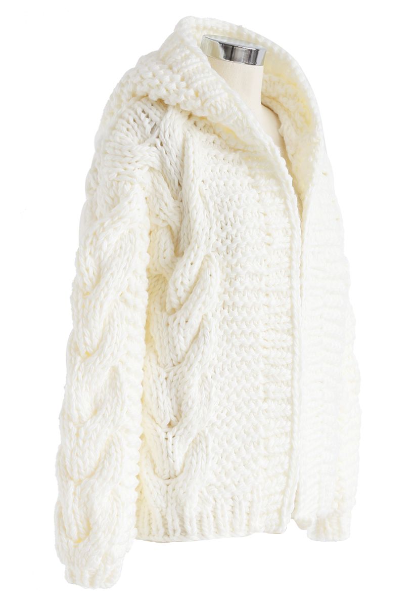 All-Over Warmth Hooded Chunky Cardigan in Ivory
