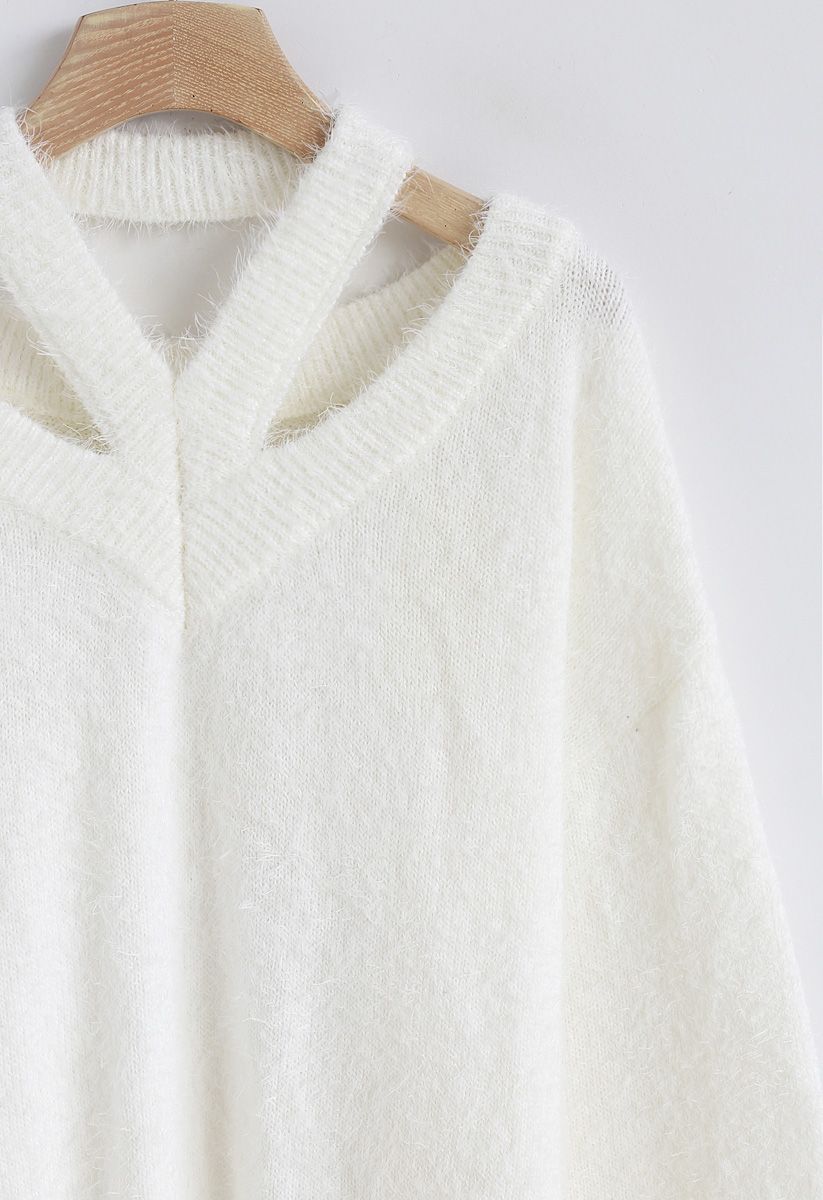 Keep Me Cozy Fluffy Cold-Shoulder Knit Sweater in White - Retro, Indie ...