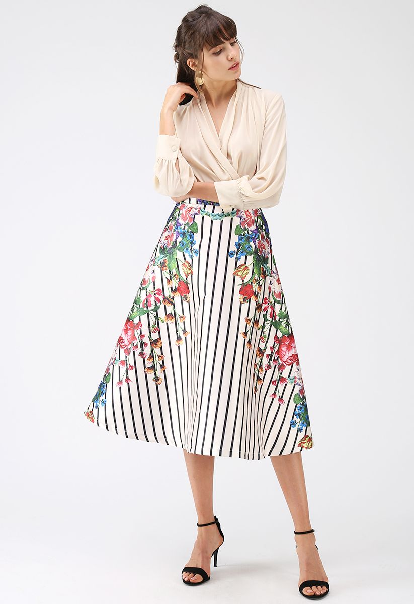 Flourish in Stripes Floral Printed Midi Skirt - Retro, Indie and Unique ...