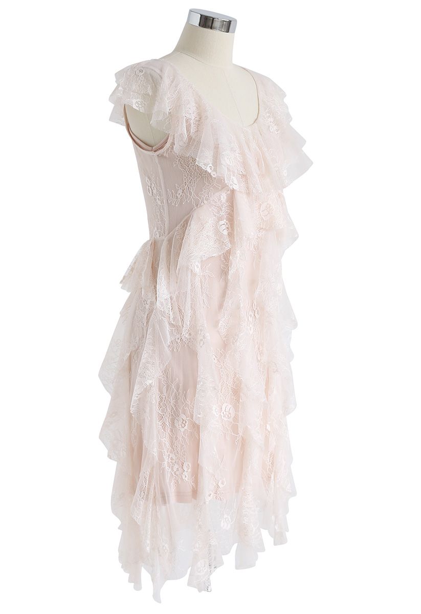 Fluttering Ruffle Lace Mesh Dress in Nude Pink