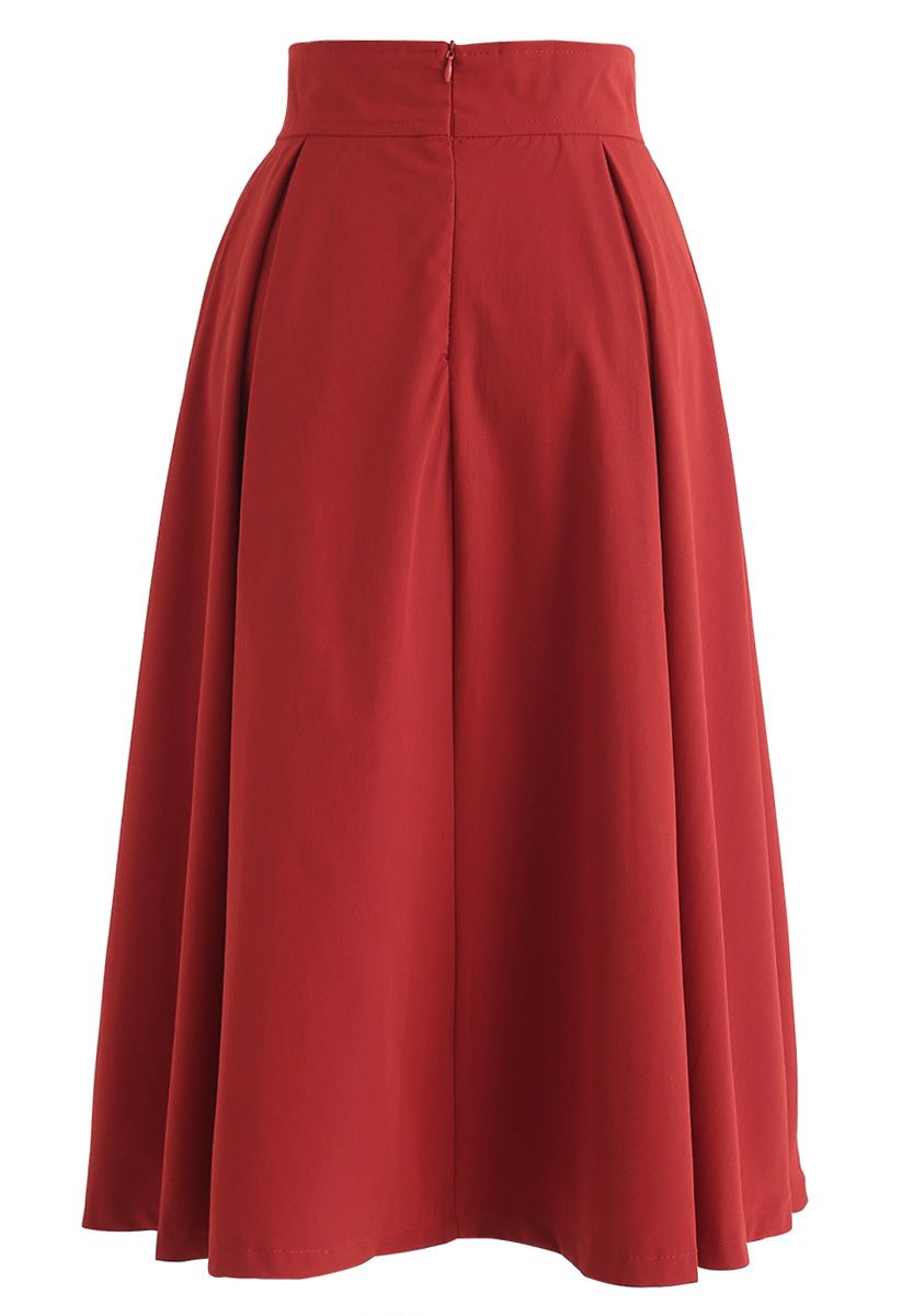 Base Color A-Line Midi Skirt in Red - Retro, Indie and Unique Fashion