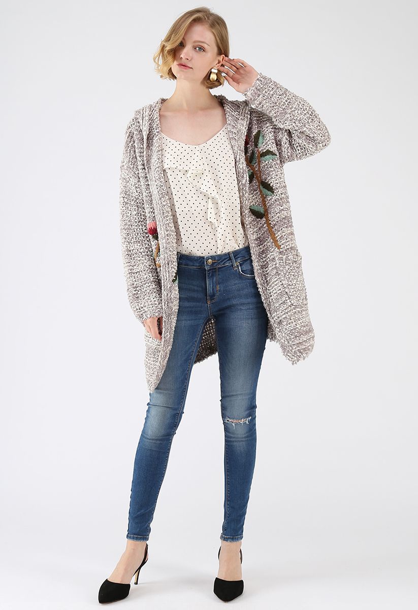 Tie Me Down Embroidered Hooded Knit Cardigan in Grey