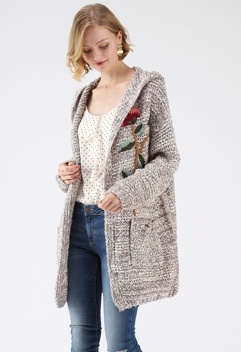 Tie Me Down Embroidered Hooded Knit Cardigan in Grey