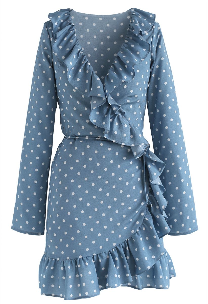 Deep Dream of Polka Dots Wrap Ruffle Dress in Blue
