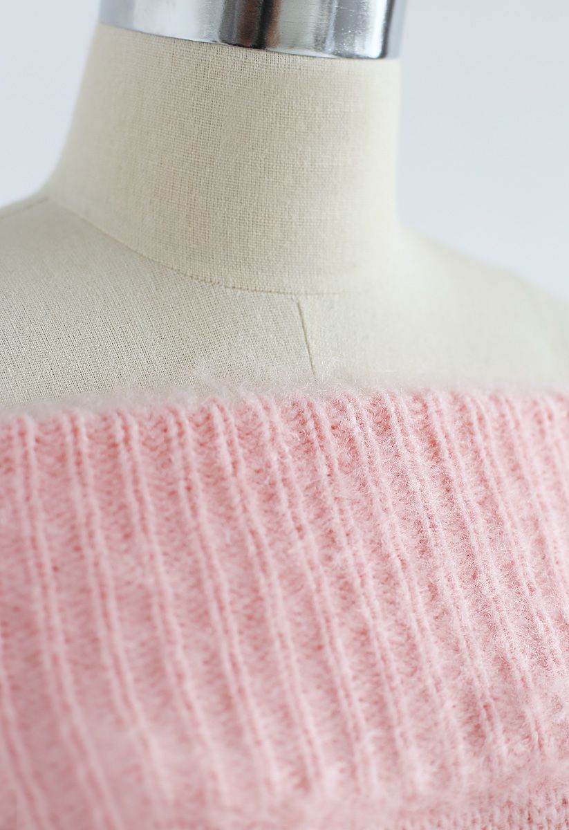Recording Dreams Off-Shoulder Longline Sweater in Pink