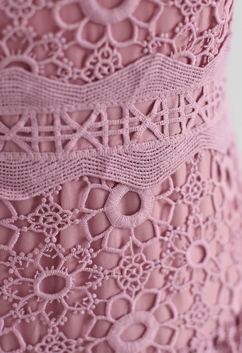 Sweeten Up Full Floral Crochet Tiered Midi Dress in Pink