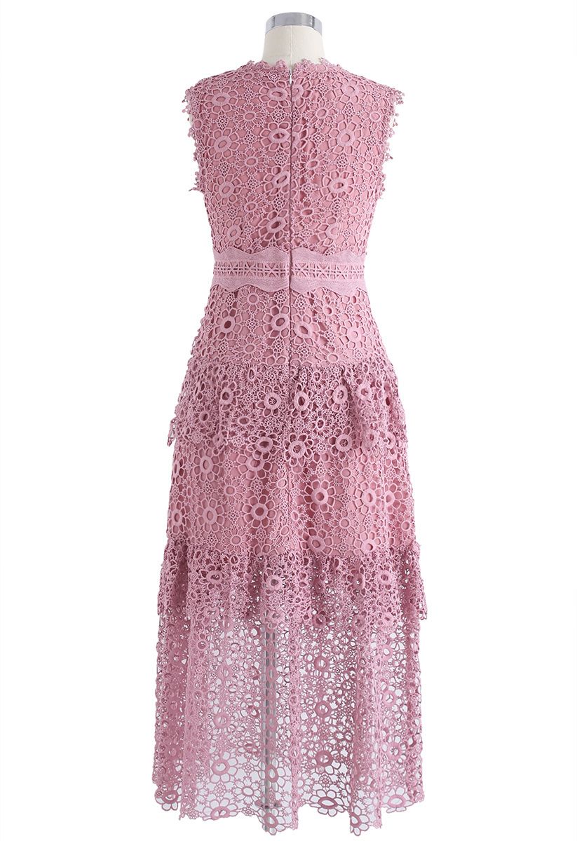 Sweeten Up Full Floral Crochet Tiered Midi Dress in Pink