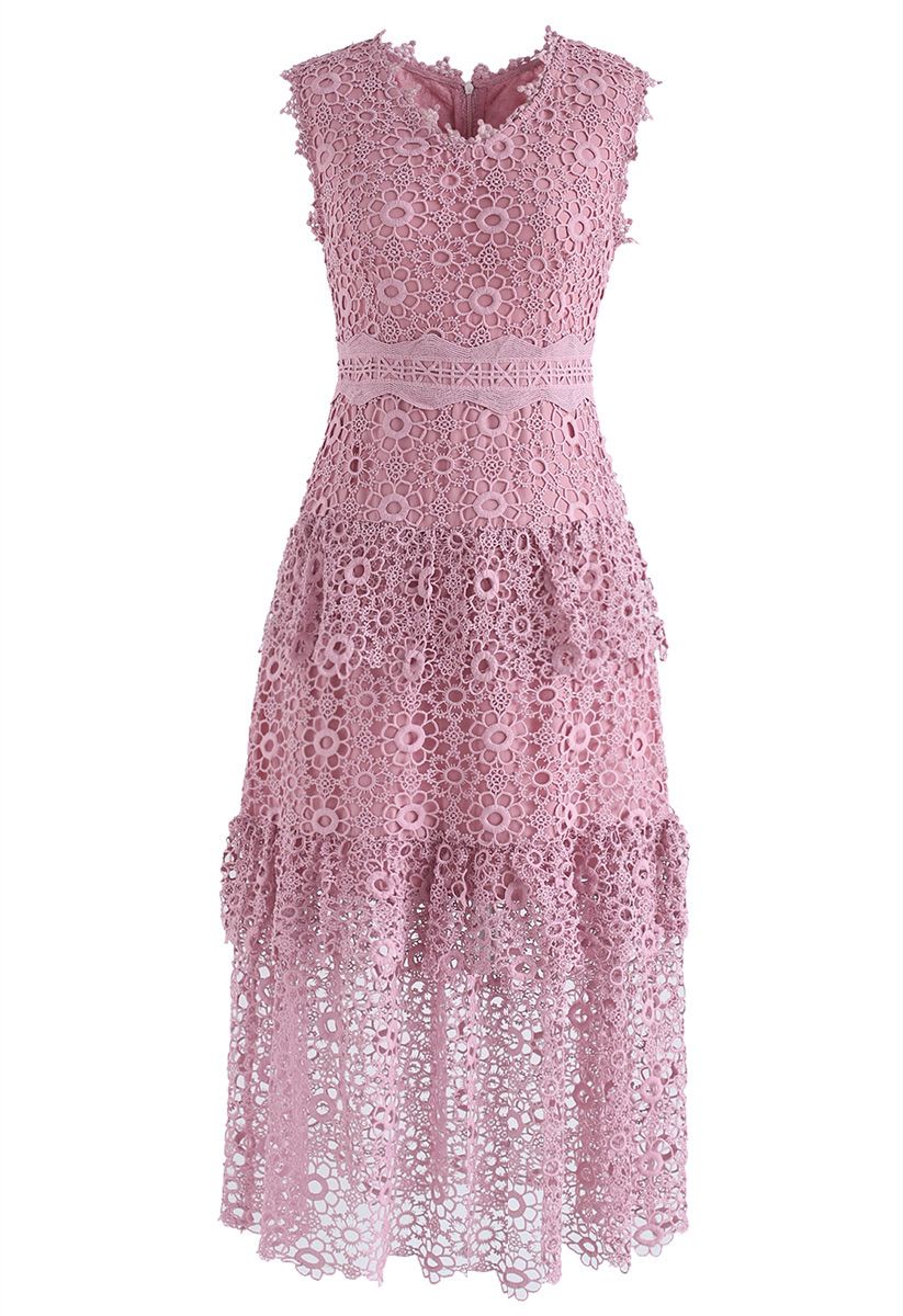 Sweeten Up Full Floral Crochet Tiered Midi Dress in Pink - Retro, Indie ...