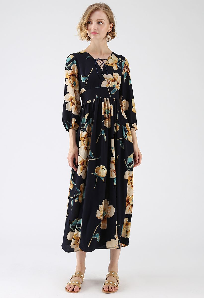 Sweet Things Floral Chiffon Maxi Dress in Navy - Retro, Indie and ...