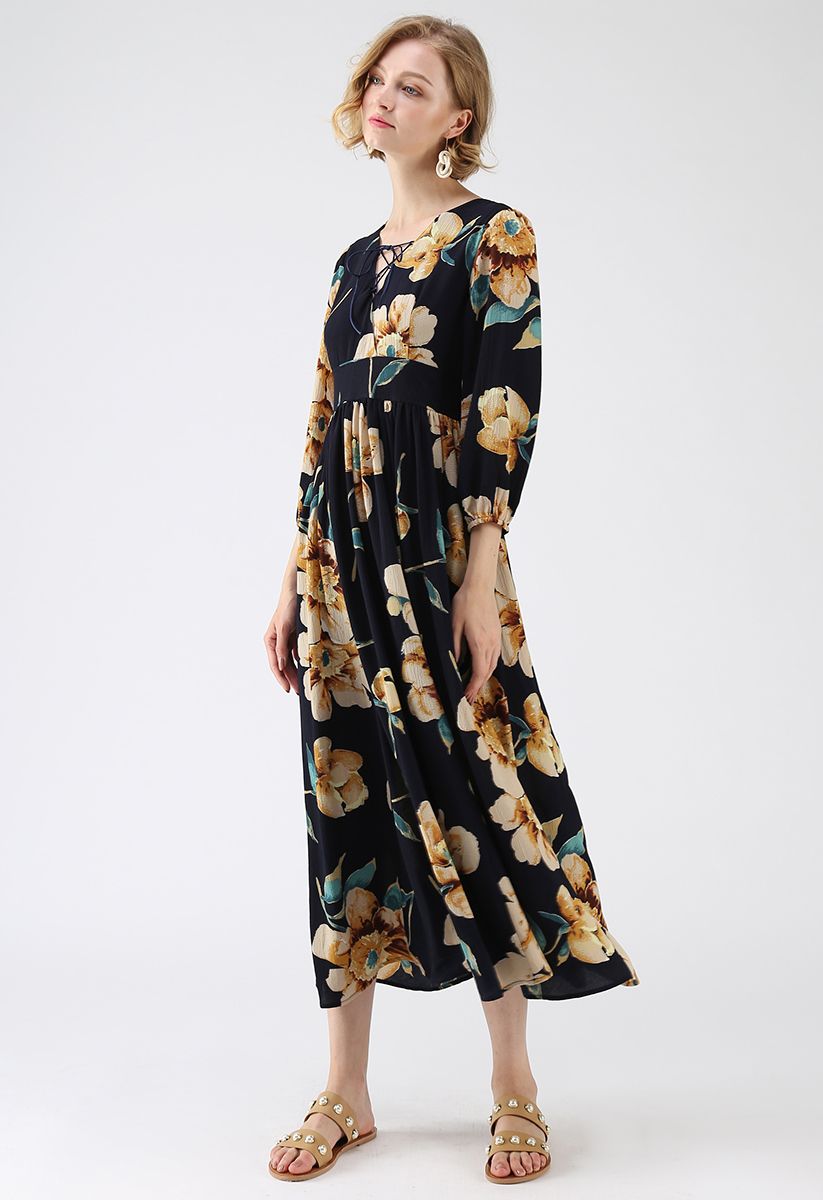Sweet Things Floral Chiffon Maxi Dress in Navy - Retro, Indie and ...