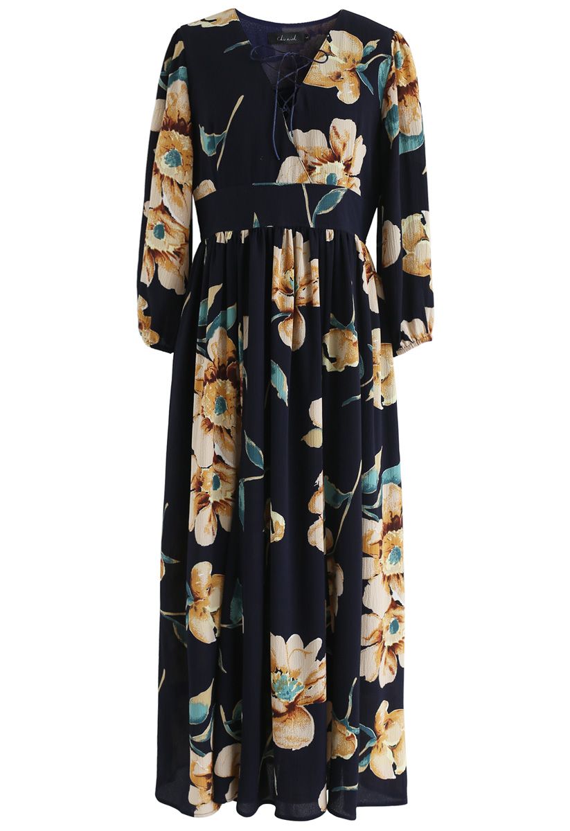 Sweet Things Floral Chiffon Maxi Dress in Navy