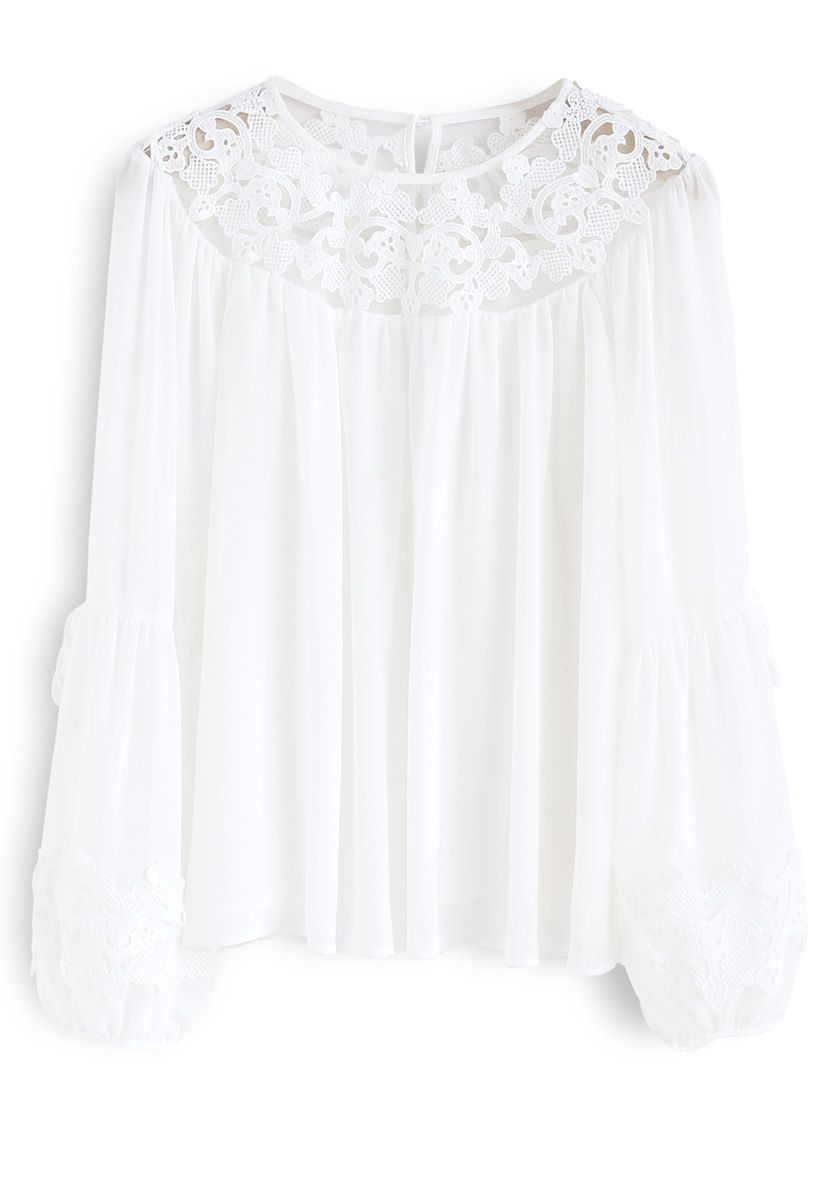 Mysterious Crochet Chiffon Top in White - Retro, Indie and Unique Fashion