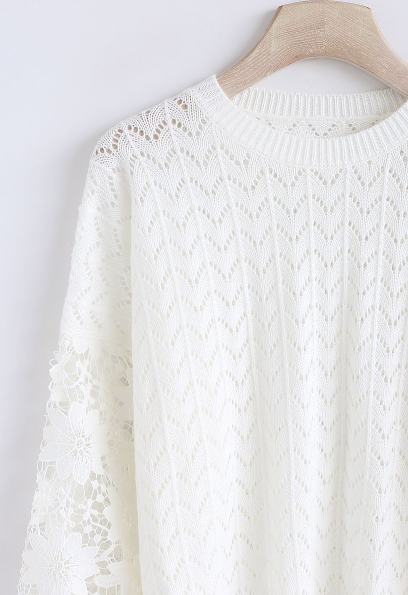 Sweet Secret Crochet Sleeves Knit Top in White