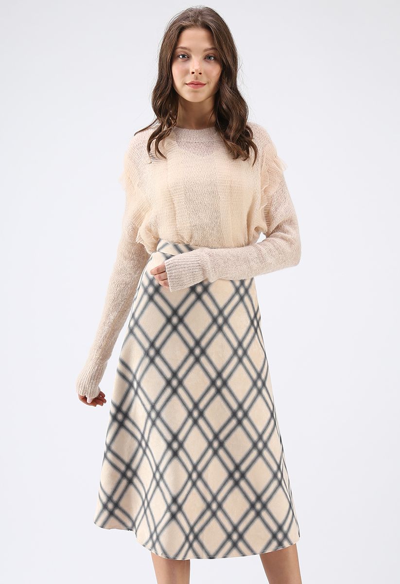 Bright Side Check Suede A-Line Skirt in Ivory