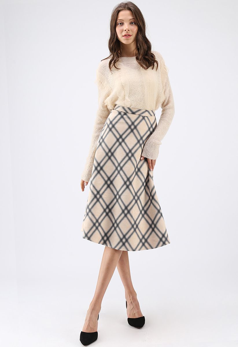 Bright Side Check Suede A-Line Skirt in Ivory