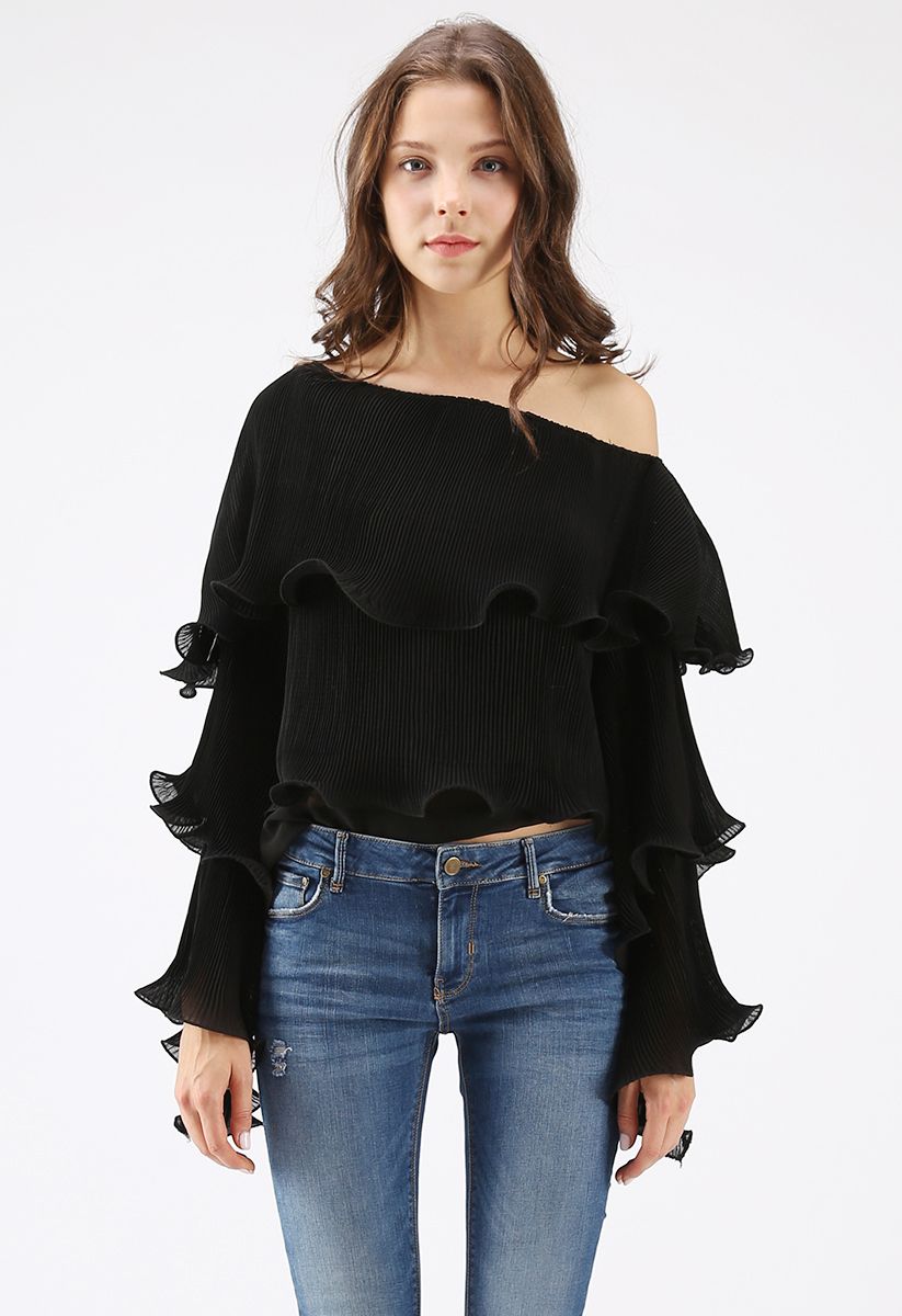 Sunny Day Perfection One Shoulder Ruffle Top in Black - Retro, Indie ...