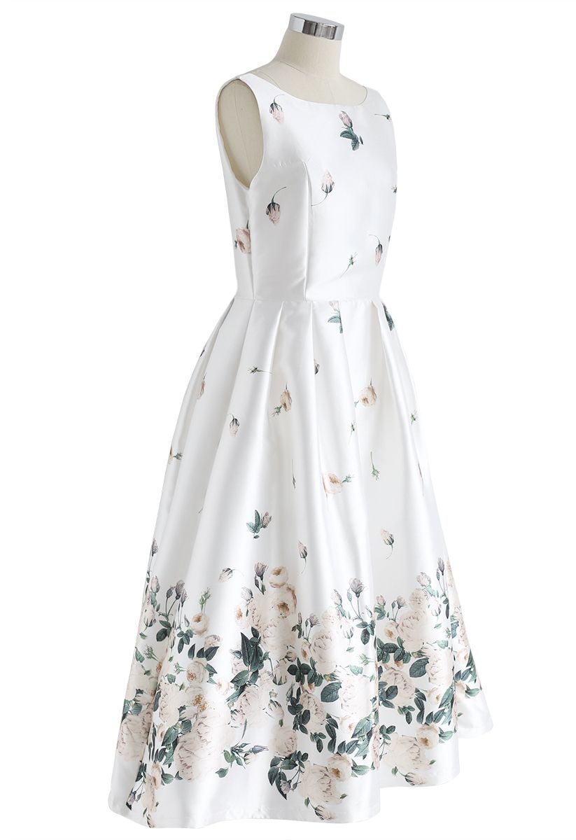 Fallen Rosa Printed Prom Dress in White - Retro, Indie and Unique Fashion