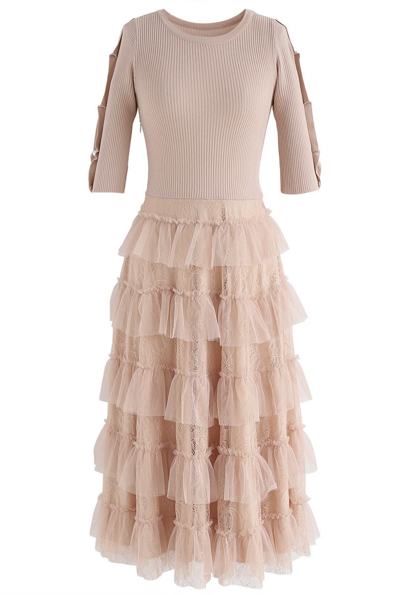 Keep Breathing Knit Lace Dress in Peach