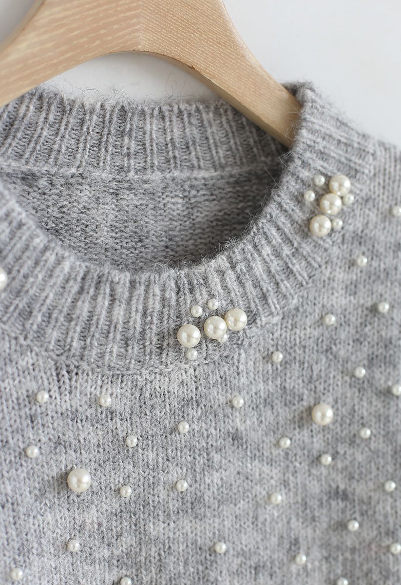 Pearly Perfection Oversize Knit Sweater in Grey