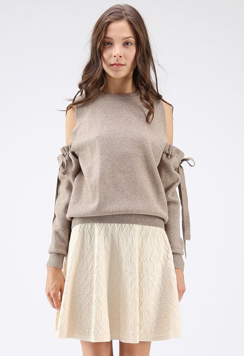 It's Knot Over Cold-Shoulder Knit Sweater in Taupe