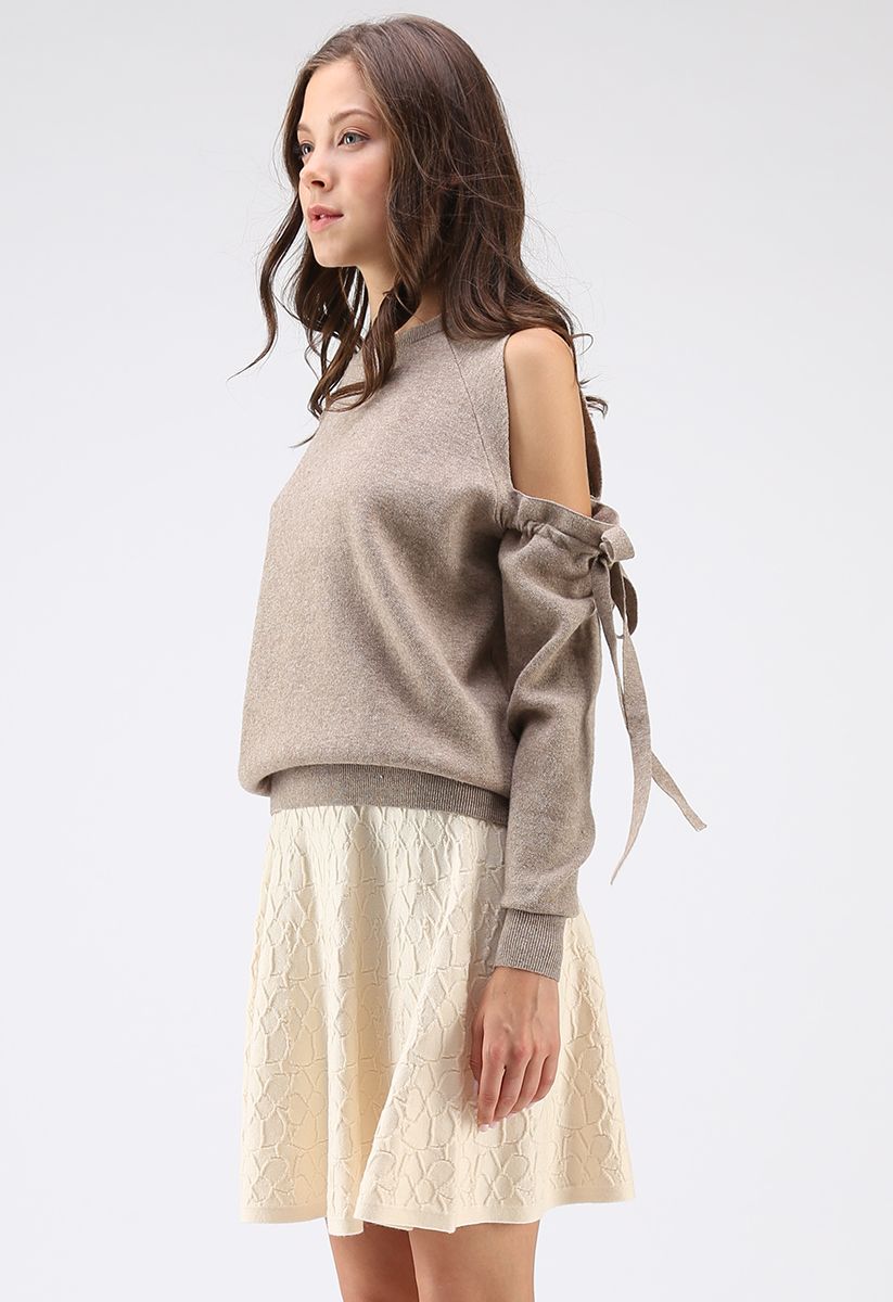 It's Knot Over Cold-Shoulder Knit Sweater in Taupe