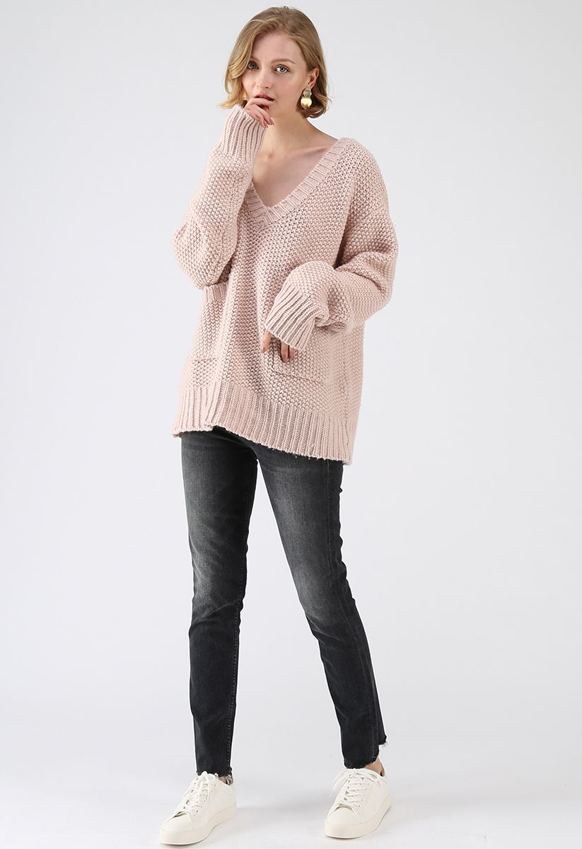 Sunday Espresso V-Neck Knit Sweater in Pink