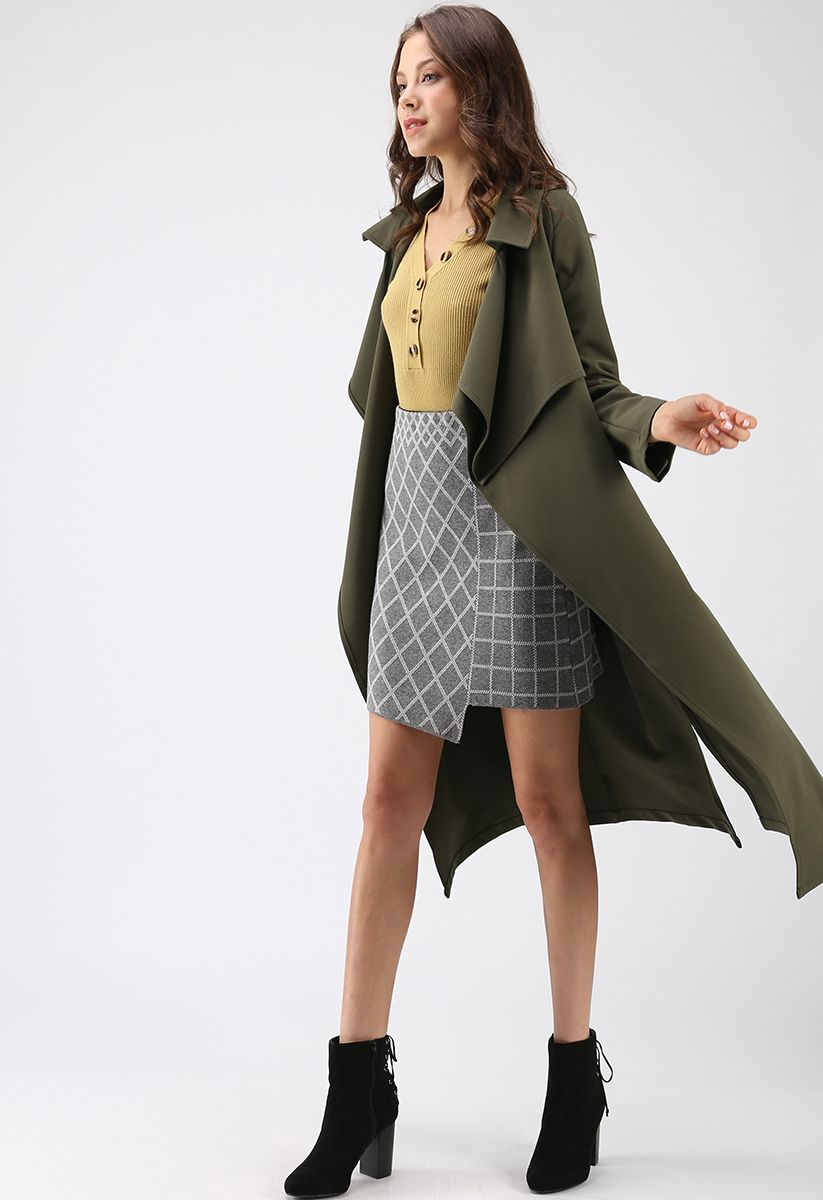 Downtown Open Front Chiffon Trench Coat in Army Green