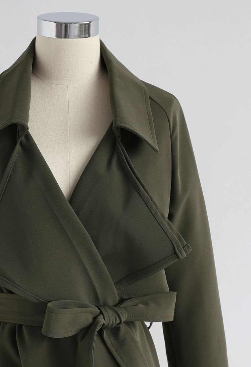 Downtown Open Front Chiffon Trench Coat in Army Green - Retro, Indie ...