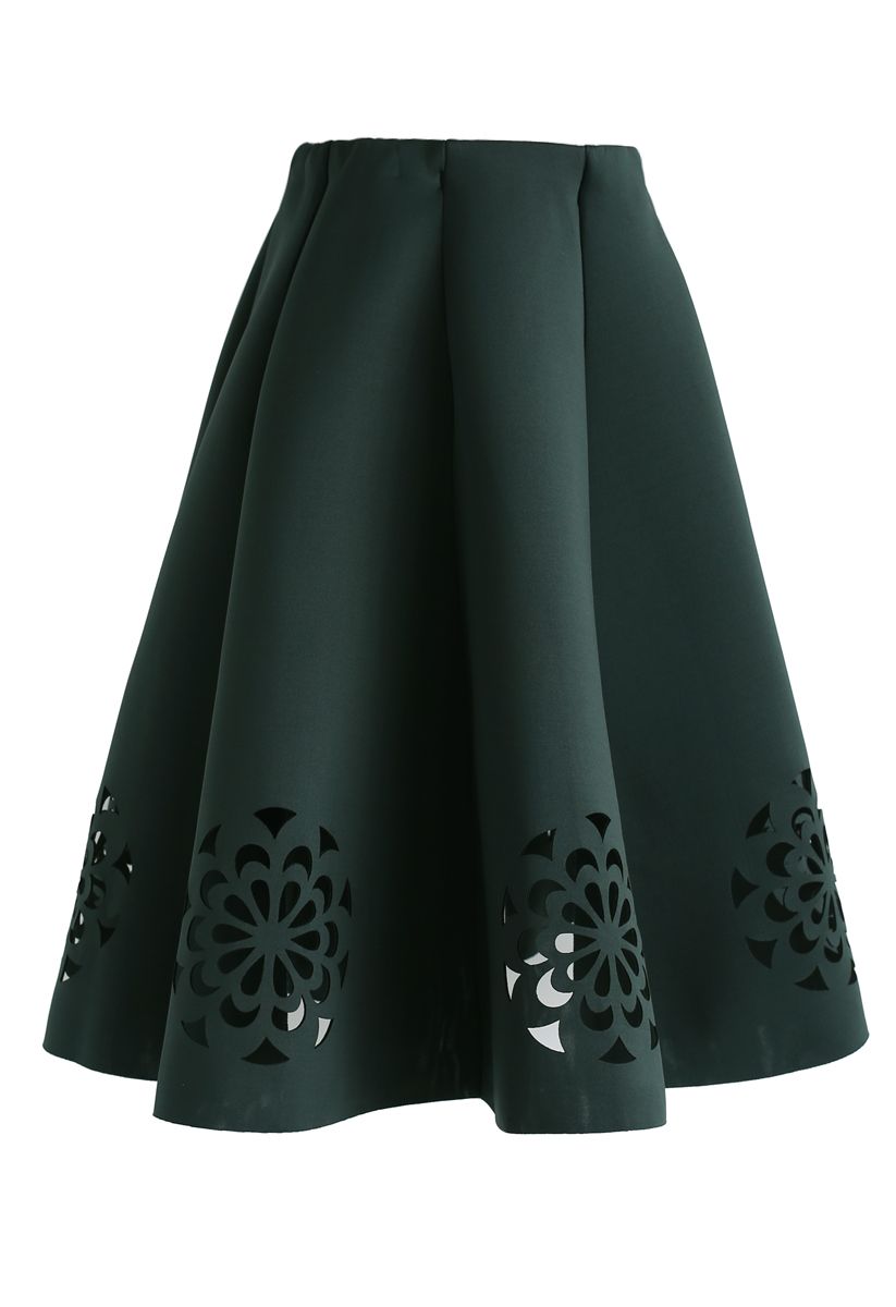 Flowery Cutout Airy Midi Skirt in Army Green - Retro, Indie and Unique ...