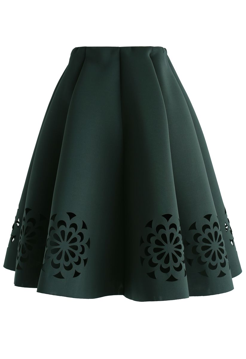 Flowery Cutout Airy Midi Skirt in Army Green