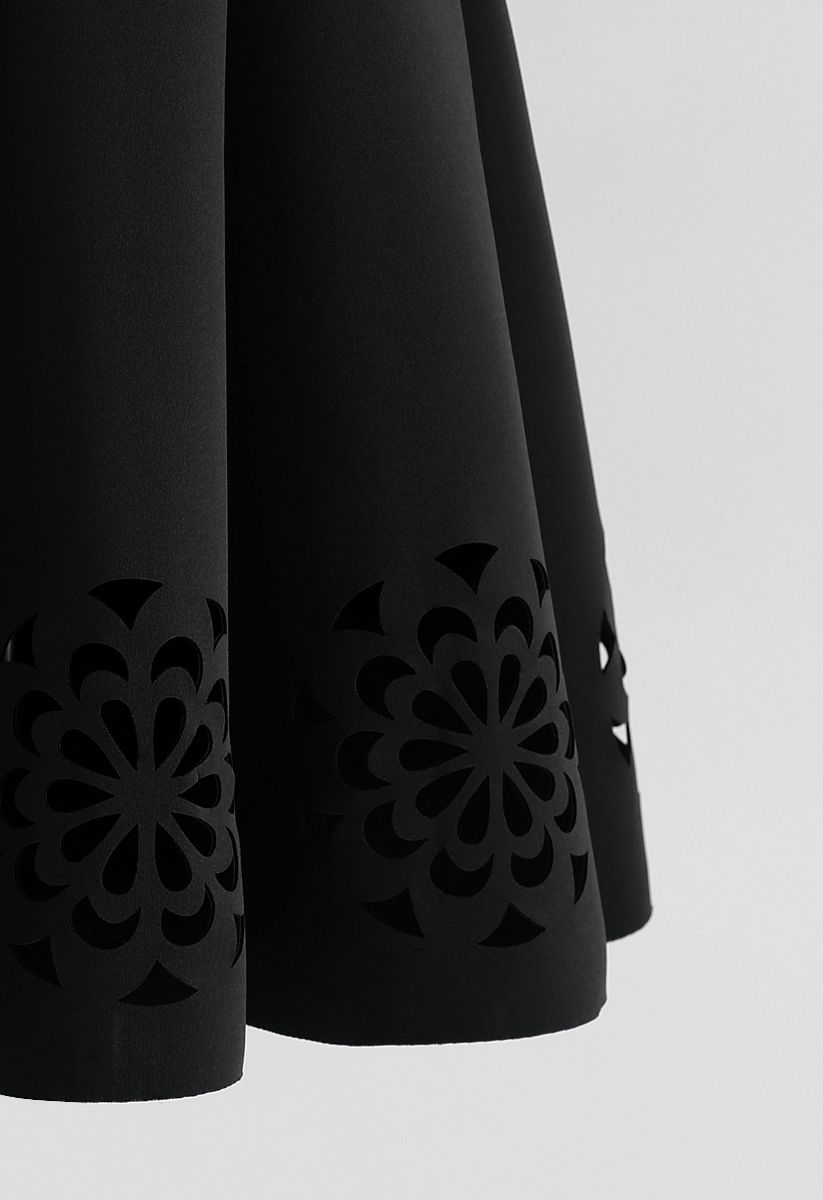 Flowery Cutout Airy Midi Skirt in Black