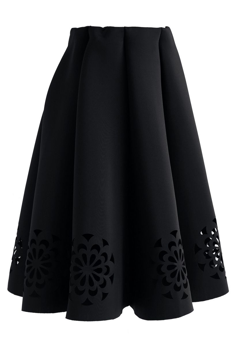 Flowery Cutout Airy Midi Skirt in Black - Retro, Indie and Unique Fashion
