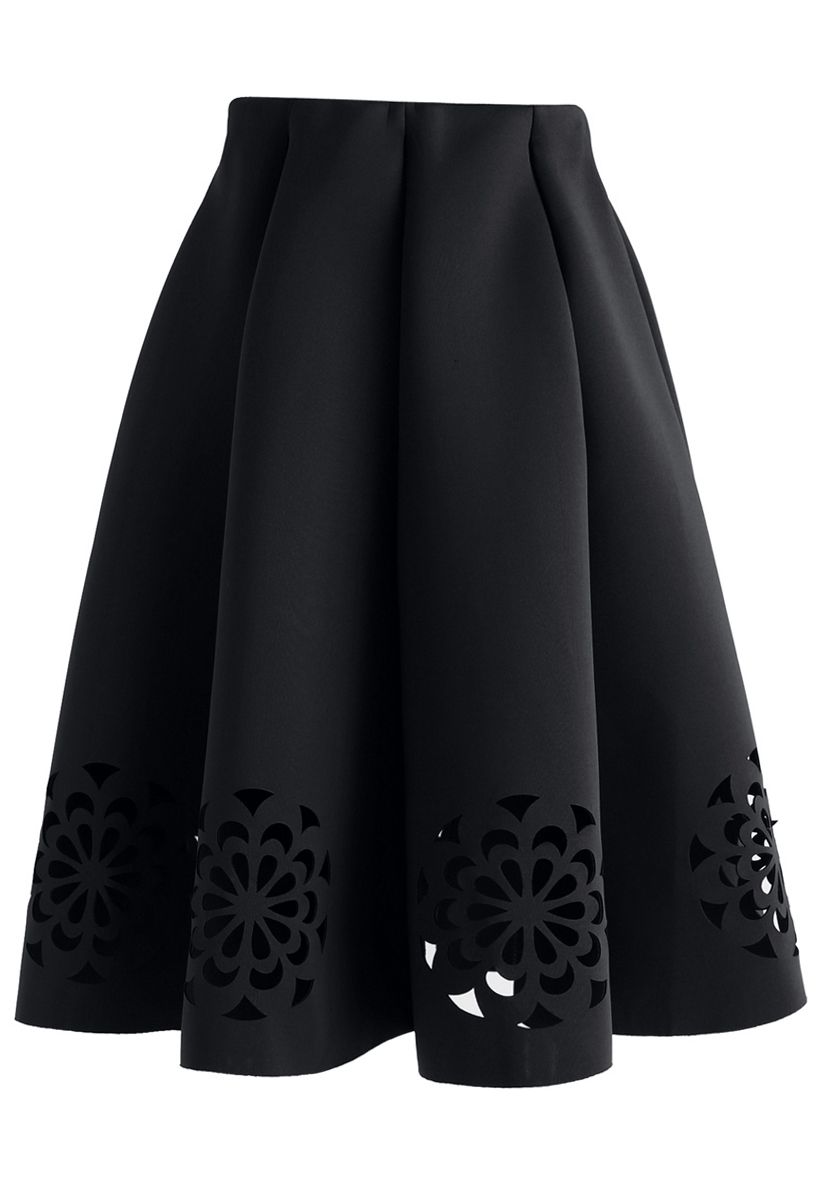 Flowery Cutout Airy Midi Skirt in Black - Retro, Indie and Unique Fashion
